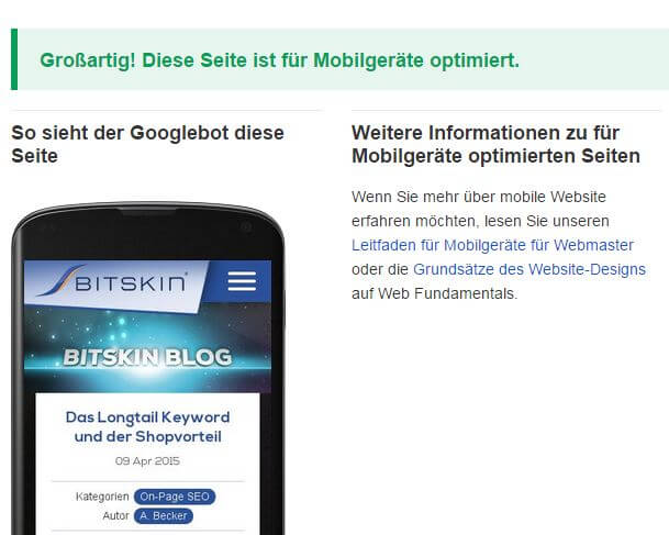 mobil optimiert - Google Testergebnis